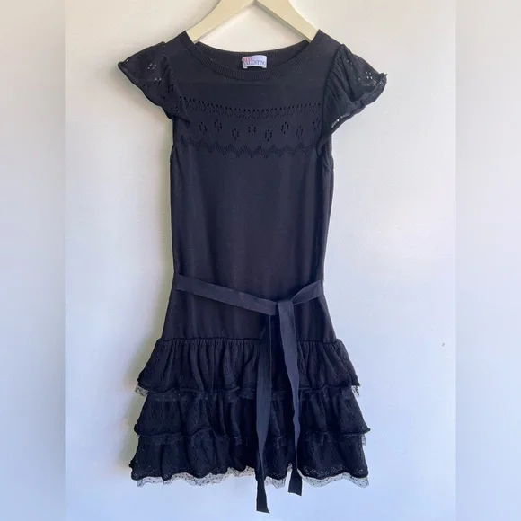 Red Valentino Black Knit Ruffle Dress Tie Waist Eyelet Lace Tiered Mini Sz XS S - Picture 3 of 15